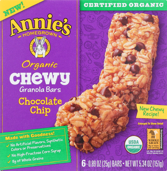 ANNIES HOMEGROWN: Organic Chewy Granola Bars Chocolate Chip 6 pk, 5.34 oz - Vending Business Solutions