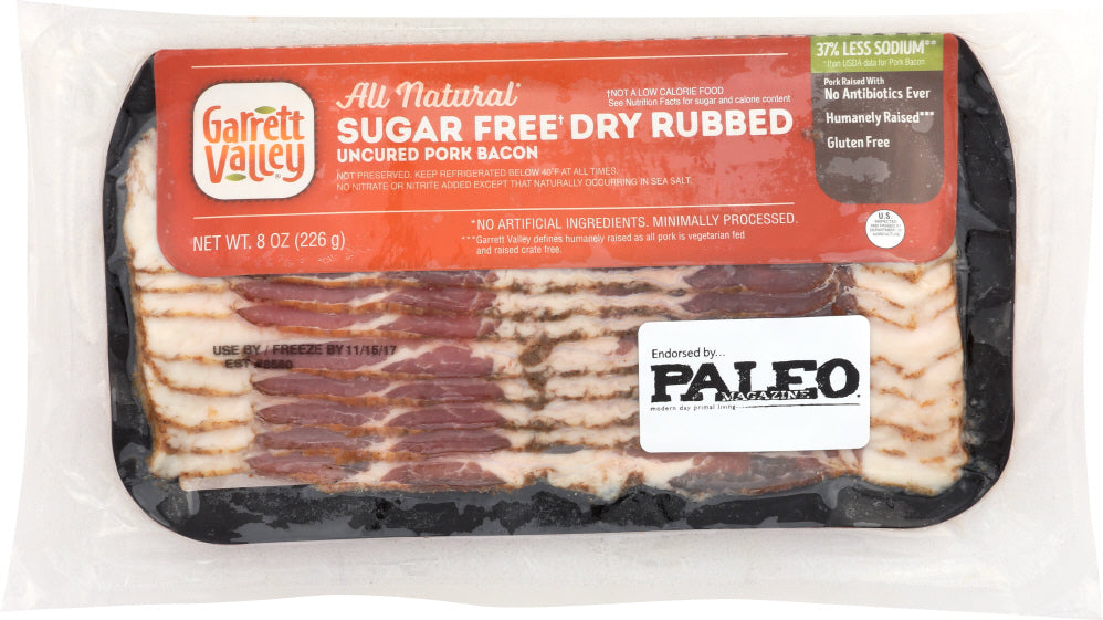 GARRETT VALLEY: Sugar Free Dry Rubbed Uncured Pork Bacon, 8 oz - Vending Business Solutions