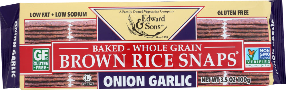 EDWARD & SONS: Brown Rice Snaps Onion Garlic, 3.5 oz - Vending Business Solutions