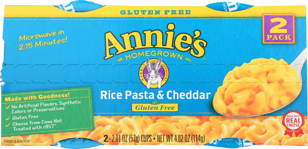 ANNIES HOMEGROWN: Rice Pasta & Cheddar Gluten Free Microwavable Mac & Cheese Cup 2 Pack, 4.02 oz - Vending Business Solutions