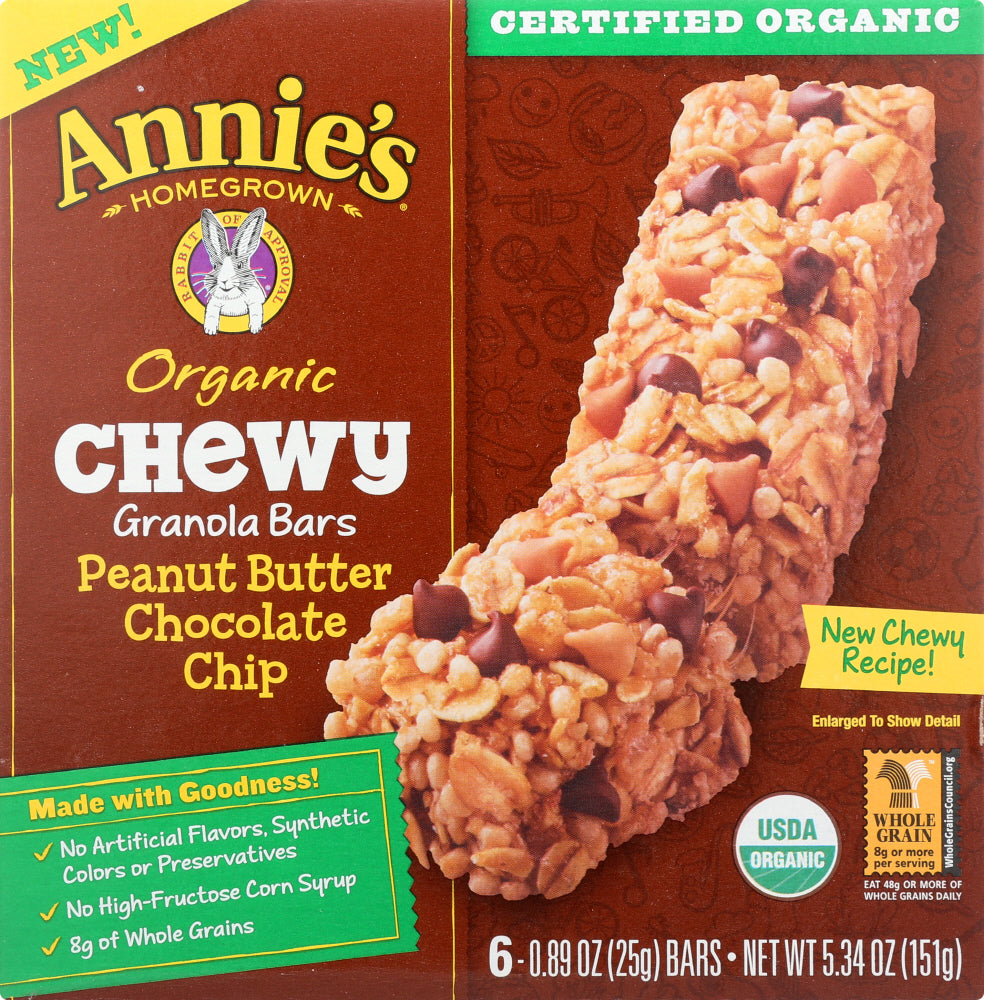 ANNIES HOMEGROWN: Organic Chewy Granola Bars Peanut Butter Chocolate Chip 6 pk, 5.34 oz - Vending Business Solutions