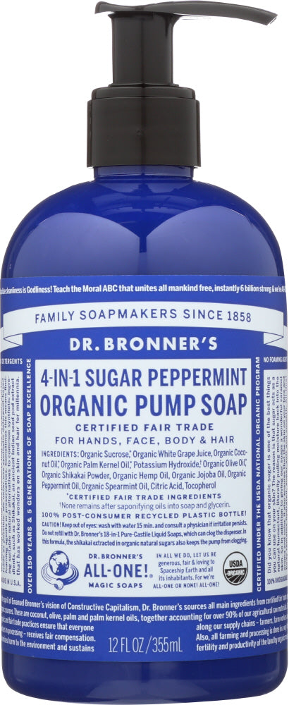 DR. BRONNER'S: 4-in-1 Sugar Peppermint Organic Pump Soap, 12 oz - Vending Business Solutions