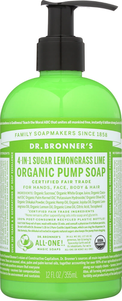 DR. BRONNER'S: 4-in-1 Sugar Lemongrass Lime Organic Pump Soap, 12 oz - Vending Business Solutions