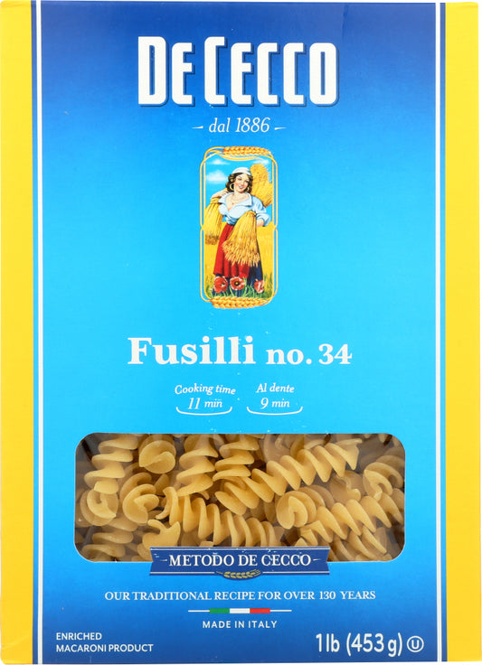 DE CECCO: Fusilli Pasta No. 34 Pasta, 16 oz - Vending Business Solutions