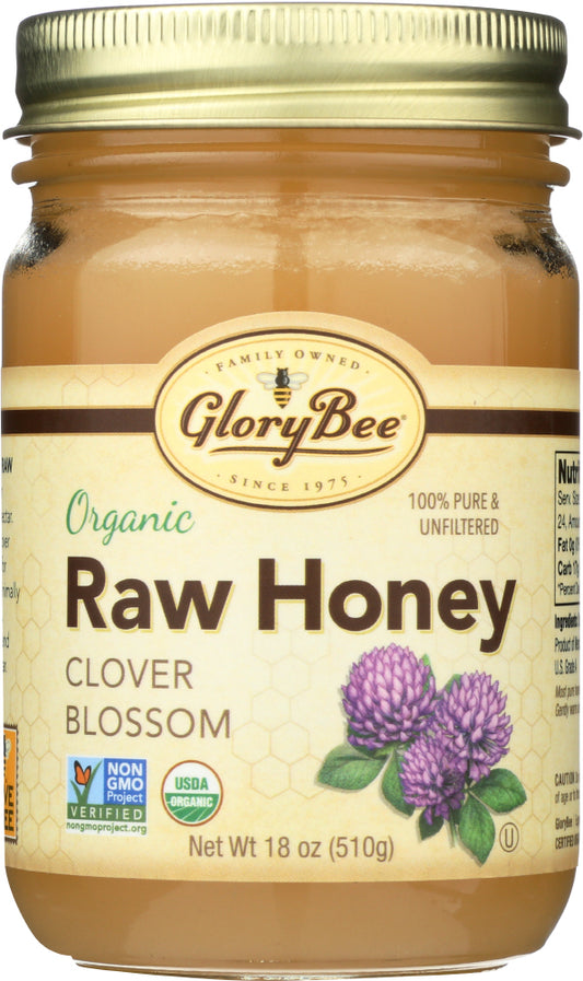 GLORY BEE: Organic Raw Honey Clover Blossom, 18 oz - Vending Business Solutions