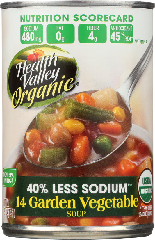 HEALTH VALLEY: Organic 14 Garden Vegetable Soup 40% Less Sodium, 15 Oz - Vending Business Solutions