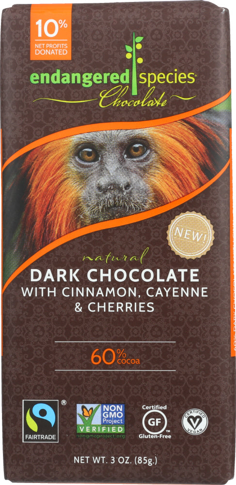 ENDANGERED SPECIES: Chocolate Natural 60% Dark Chocolate Bar Cinnamon Cayenne & Cherries, 3 Oz - Vending Business Solutions