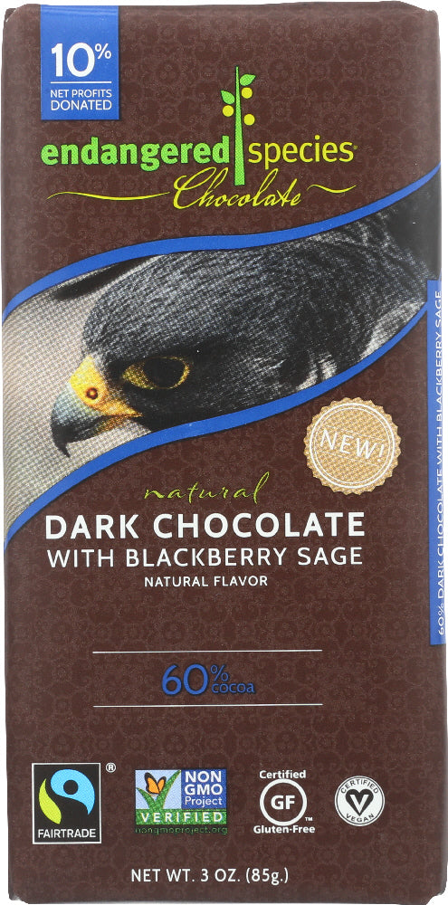 ENDANGERED SPECIES: Chocolate Natural 60% Dark Chocolate Bar Blackberry Sage, 3 Oz - Vending Business Solutions