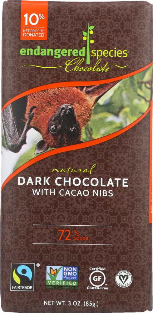 ENDANGERED SPECIES: Natural Dark Chocolate Bar with Cacao Nibs, 3 oz - Vending Business Solutions