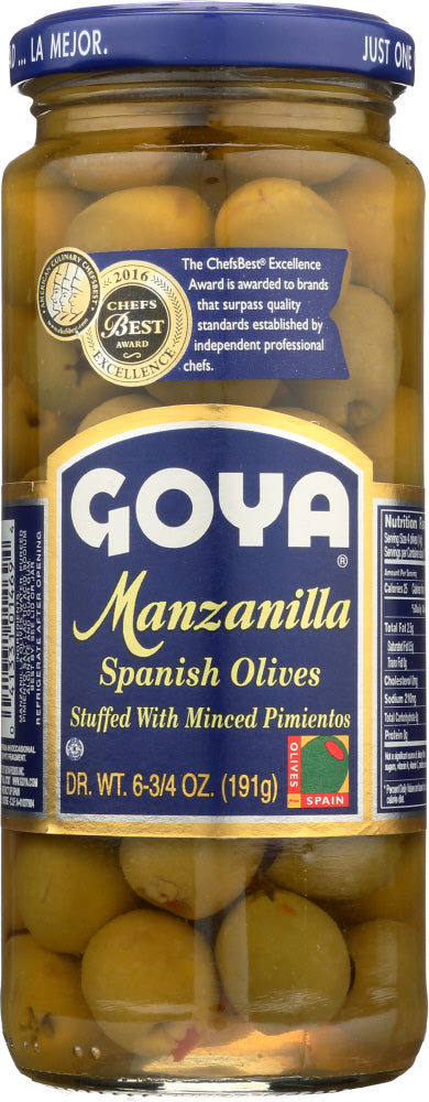 GOYA: Olives Spanish Manzanilla with Stuffed Minced Pimientos, 6.75 oz - Vending Business Solutions