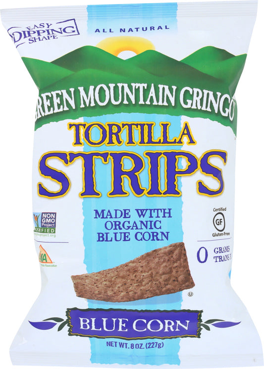 GREEN MOUNTAIN GRINGO: Organic Blue Corn Tortilla Strips, 8 oz - Vending Business Solutions