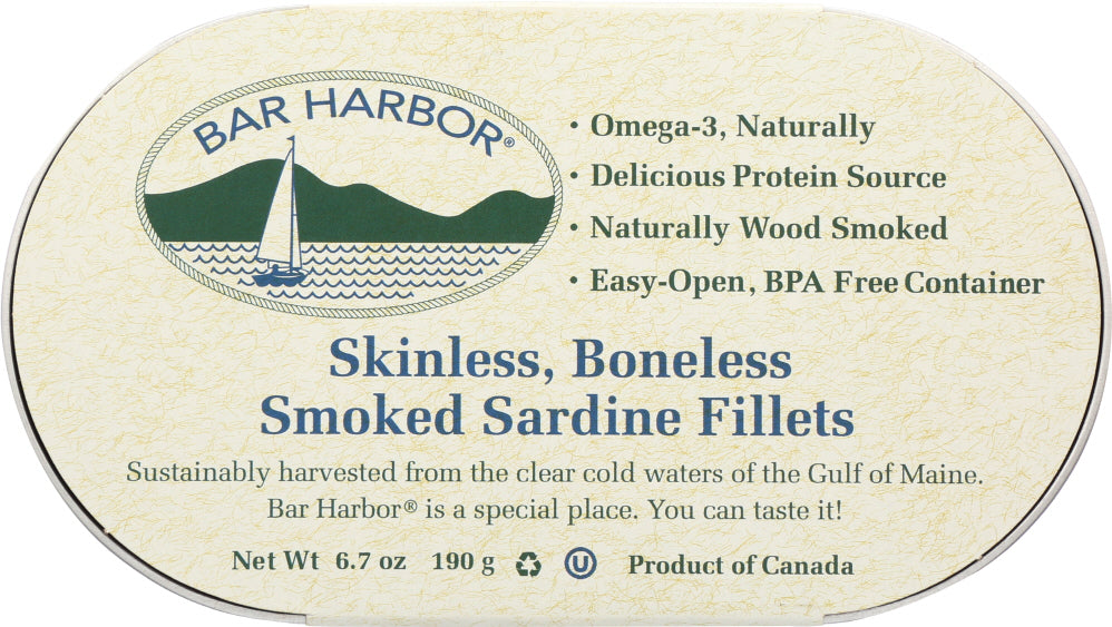 BAR HARBOR: Boneless Skinless Smoked Sardine Fillets, 6 oz - Vending Business Solutions