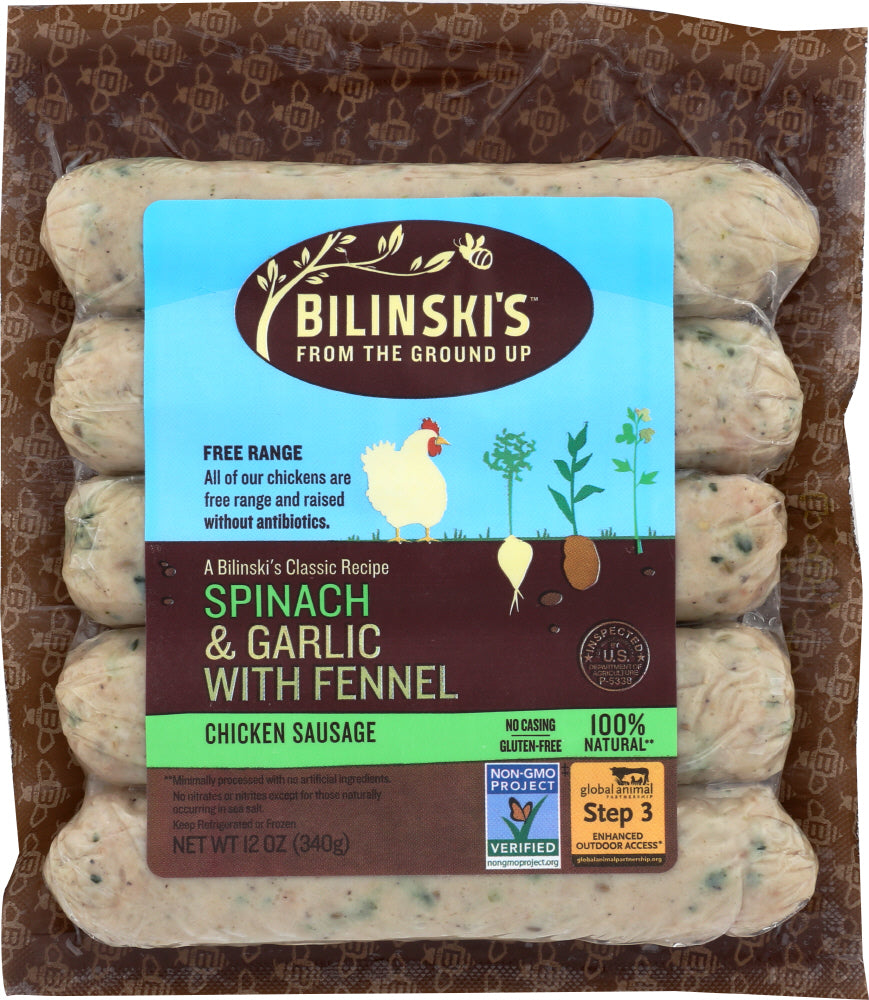 BILINSKIS: Spinach and Garlic with Fennel Chicken Sausage, 12 oz - Vending Business Solutions