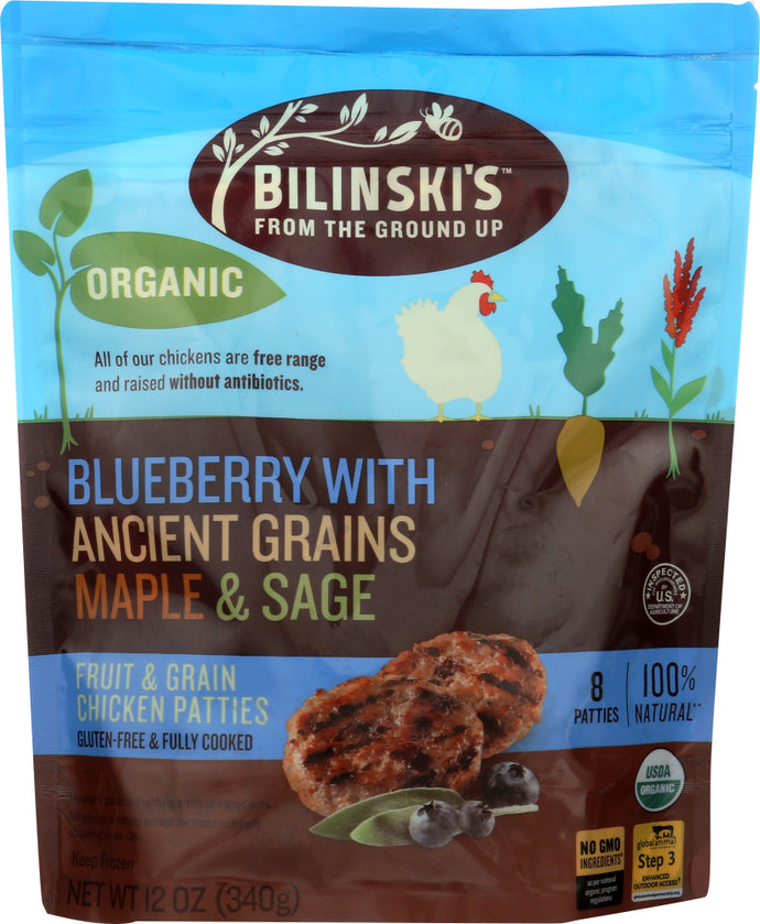 BILINSKIS: Blueberry with Ancient Grains Maple and Sage Fruit and Grain Chicken Patties, 12 oz - Vending Business Solutions