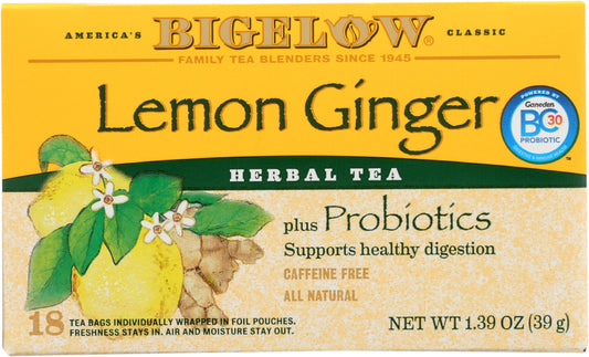 BIGELOW: Lemon Ginger Herbal Tea Probiotics 18 Bags, 1.39 oz - Vending Business Solutions