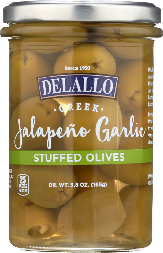 DELALLO: Garlic & Jalapeno Stuffed Green Greek Olives, 5.8 oz - Vending Business Solutions