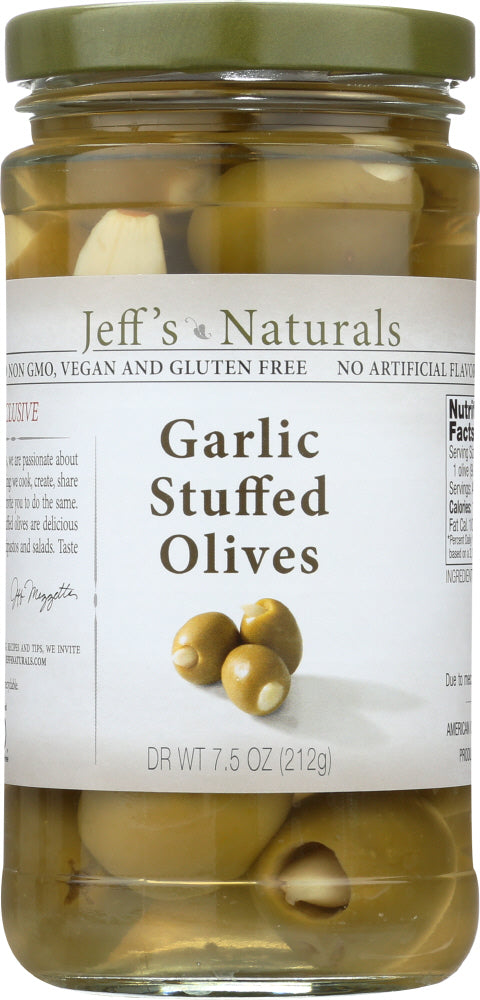 JEFF'S NATURALS: Garlic Stuffed Olives, 7.5 oz - Vending Business Solutions