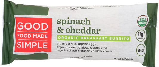GOOD FOOD MADE SIMPLE: Spinach & Cheddar Organic Burrito, 5 oz - Vending Business Solutions