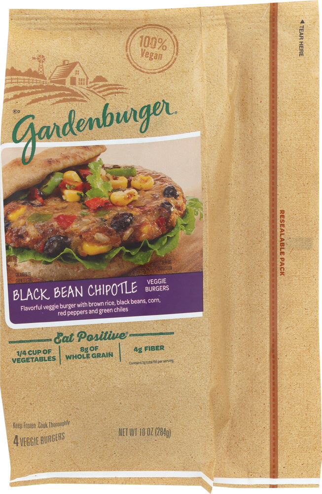 GARDENBURGER: Frozen Black Bean Chipotle Veggie Burgers, 10 oz - Vending Business Solutions