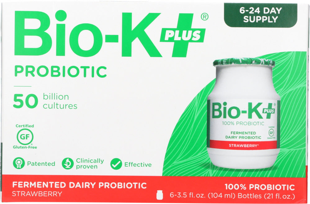 BIO-K PLUS: Probiotic Dairy Culture 50 Billion CFUs Strawberry Flavor 6x3.5 oz, 21 oz - Vending Business Solutions