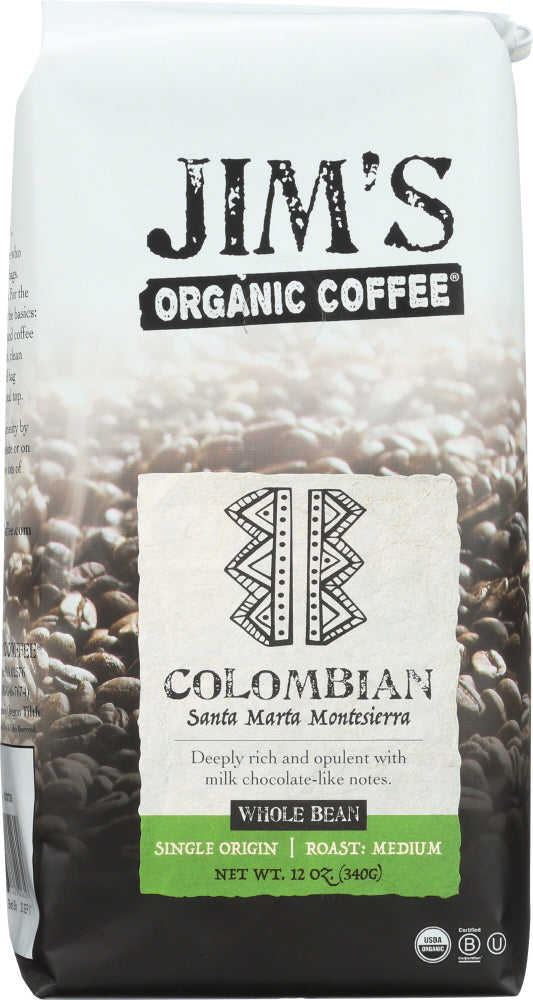 JIM'S ORGANIC COFFEE: Whole Bean Colombian, 12 oz - Vending Business Solutions