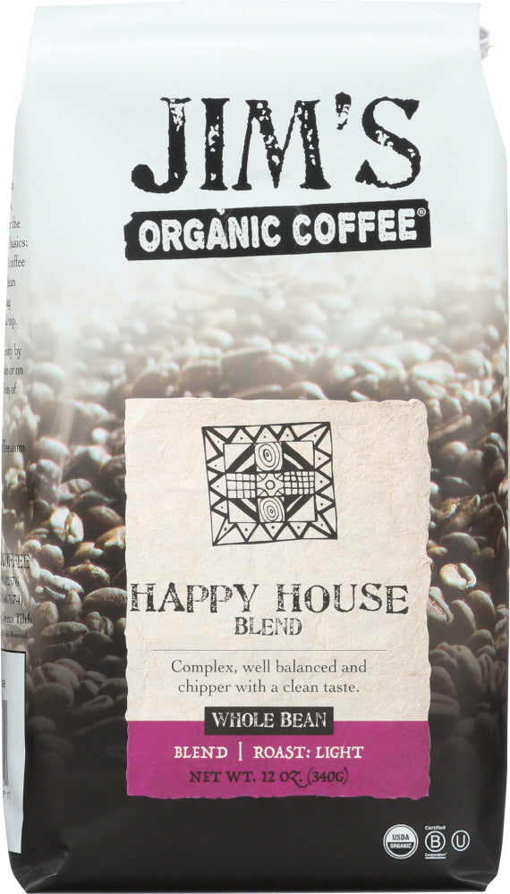 JIMS ORGANIC COFFEE: Organic Happy House Blend Whole Bean Coffee, 12 oz - Vending Business Solutions