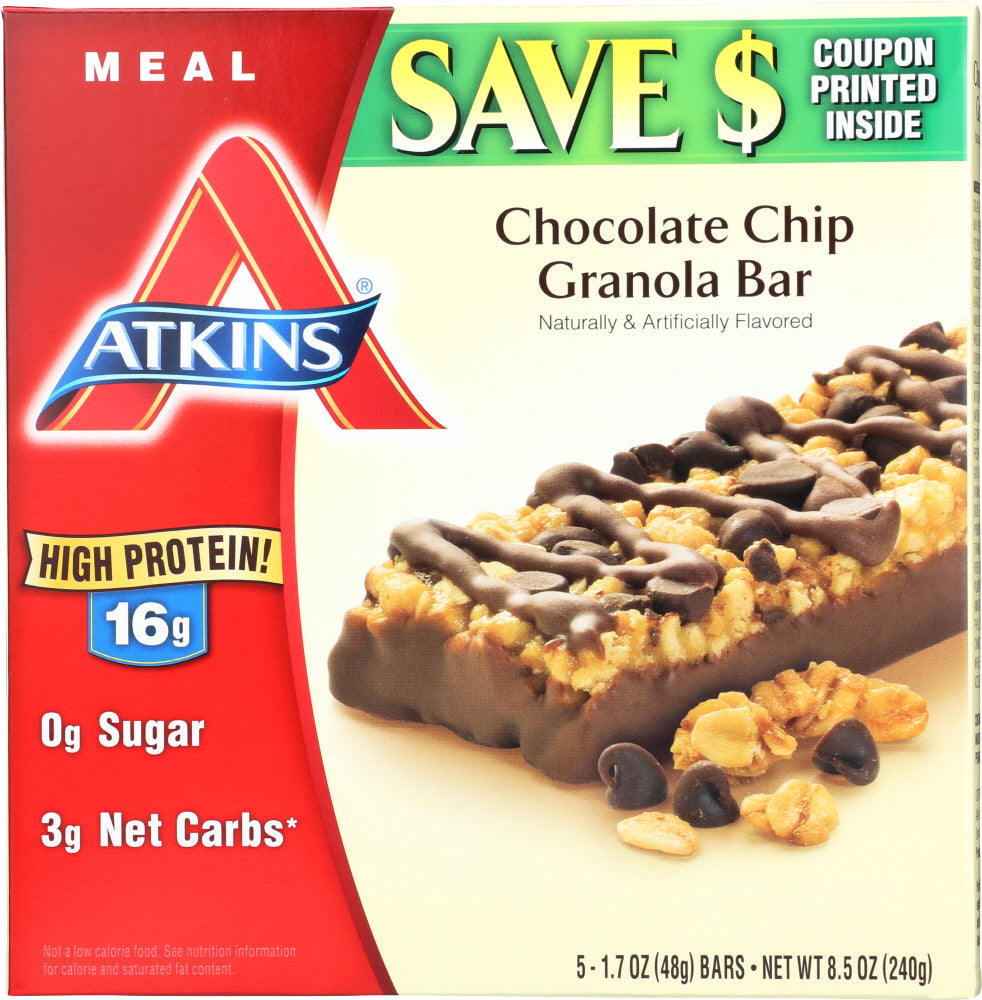 ATKINS: Meal Bar Chocolate Chip Granola (5x1.7oz bars), 8.5 oz - Vending Business Solutions