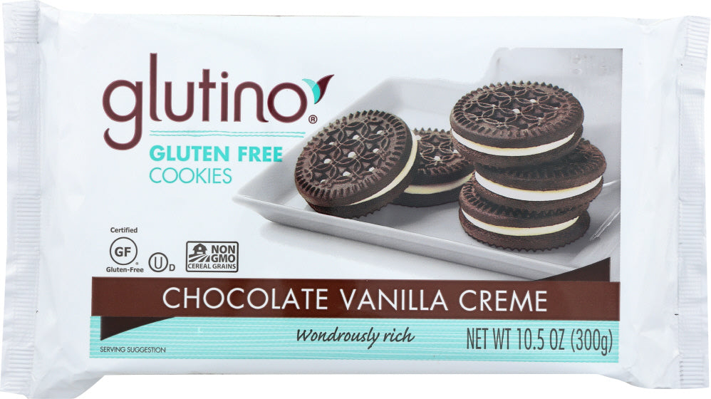 GLUTINO: Gluten Free Cookies Chocolate Vanilla Creme, 10.6 oz - Vending Business Solutions