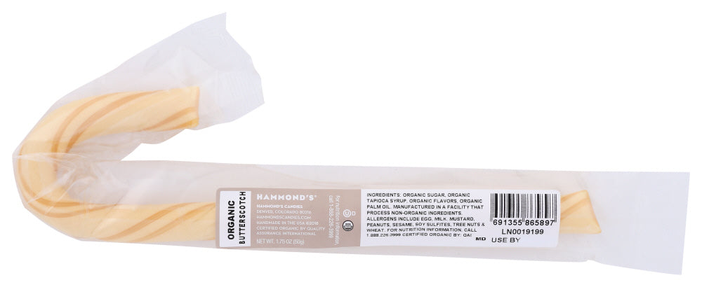 HAMMOND'S: Organic Butterscotch Candy Cane, 1.75 oz - Vending Business Solutions
