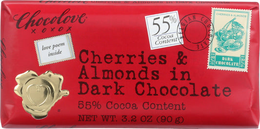 CHOCOLOVE: Cheries & Almonds In Dark Chocolate Bar, 3.2 oz - Vending Business Solutions