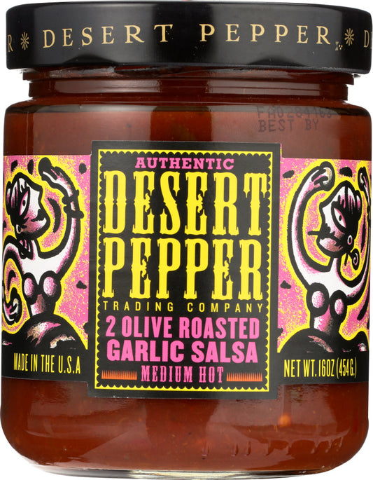 DESERT PEPPER: 2 Olive Roasted Garlic Medium Hot Salsa, 16 oz - Vending Business Solutions