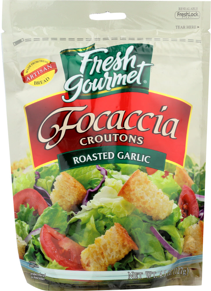 FRESH GOURMET: Focaccia Croutons Roasted Garlic 4.5 Oz - Vending Business Solutions