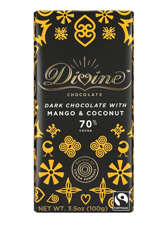 DIVINE CHOCOLATE: 70% Dark Chocolate Bar with Mango & Coconut, 3.5 oz - Vending Business Solutions