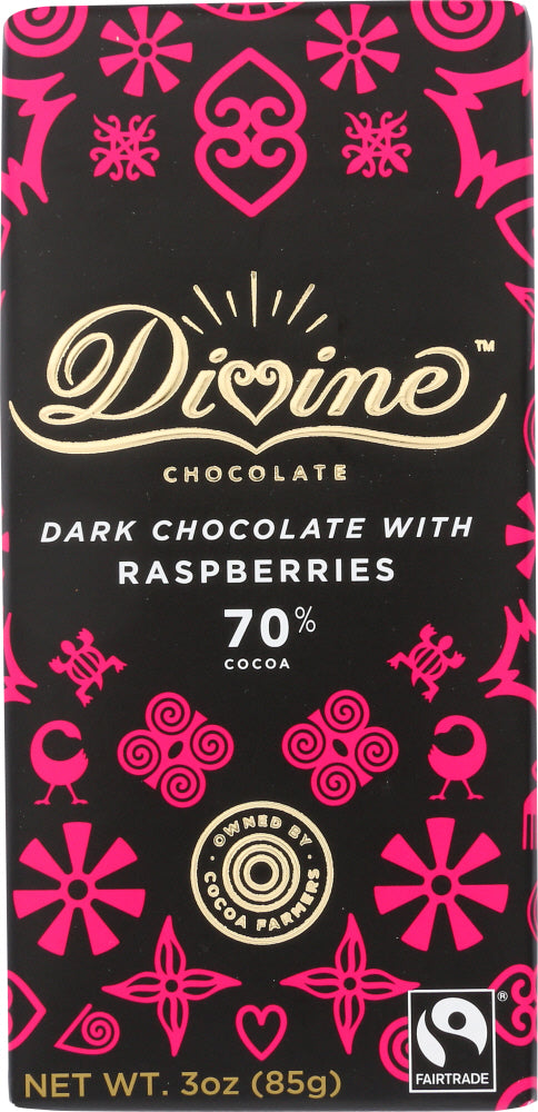 DIVINE CHOCOLATE: 70% Dark Chocolate Bar with Raspberries, 3 oz - Vending Business Solutions