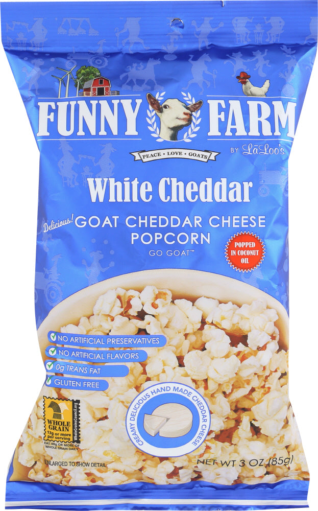 FUNNY FARMS: Goat Cheese Popcorn White Cheddar, 3 oz - Vending Business Solutions