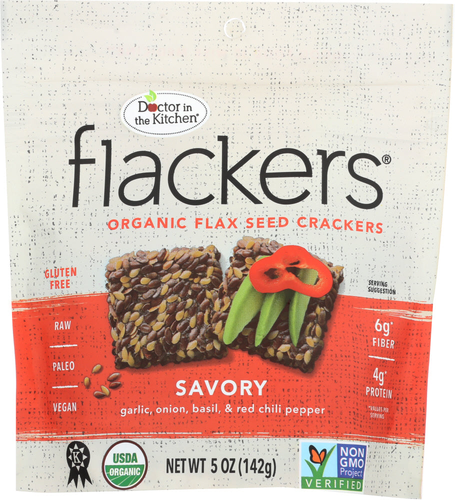 DOCTOR IN THE KITCHEN: Flackers Flax Seed Crackers Savory Garlic-Onion-Basil and Red Chile Pepper, 5 oz - Vending Business Solutions