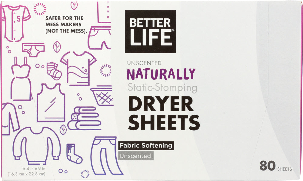 BETTER LIFE: Naturally Static Stomping Unscented Dryer Sheets, 80 pc - Vending Business Solutions