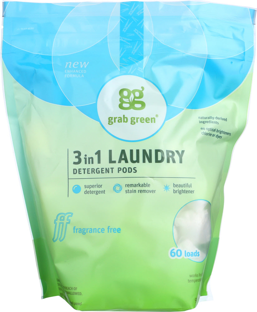GRAB GREEN: 3-in-1 Laundry Detergent Pods Fragrance Free 60 Pods, 2.4 Lb - Vending Business Solutions