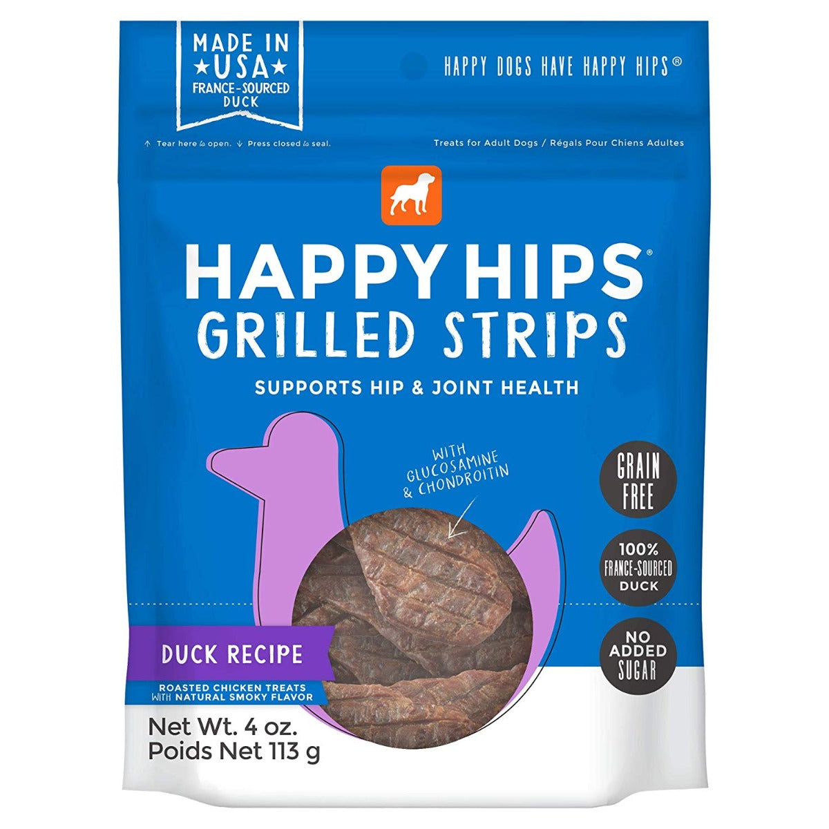 HAPPY HIPS: Dog Treat Duck Grilled Strips, 4 oz - Vending Business Solutions