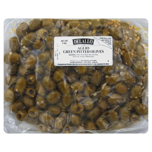 DELALLO: Italian Aglio Green Pitted Olives, 5 lb - Vending Business Solutions