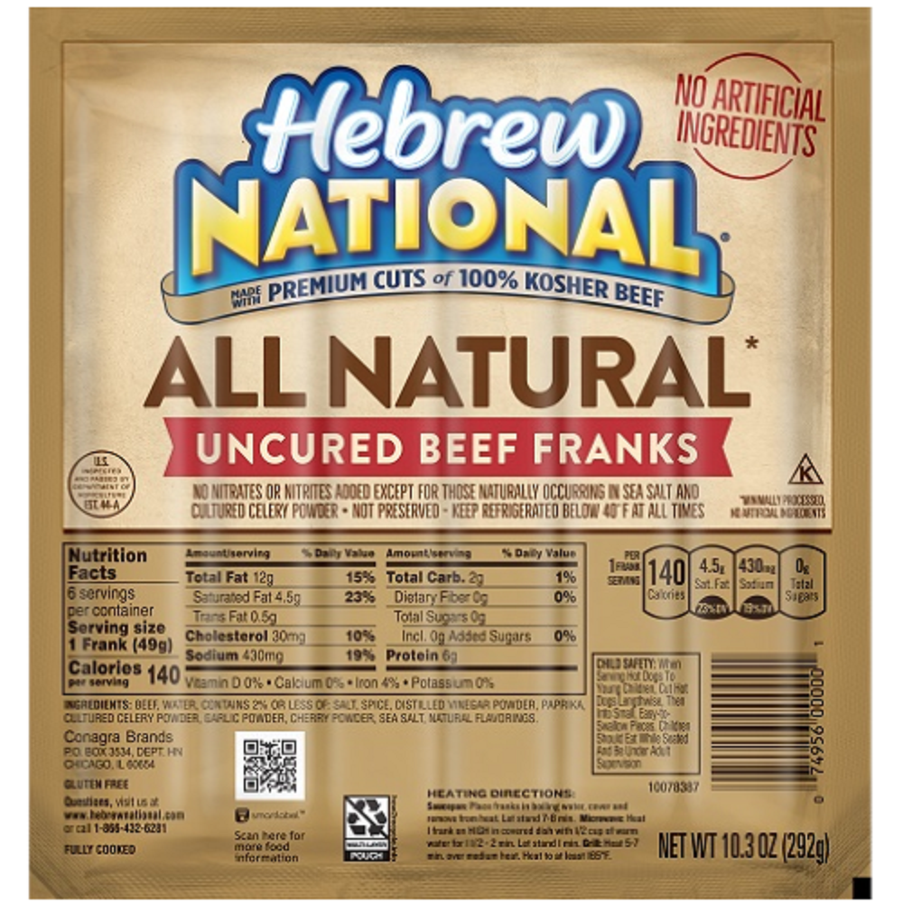 HEBREW NATIONAL: All Natural Uncured Beef Franks, 10.30 oz - Vending Business Solutions