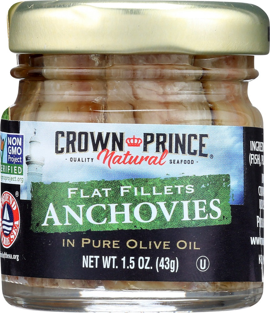 CROWN PRINCE: Natural Flat Fillets Anchovies in Pure Olive Oil, 1.5 oz - Vending Business Solutions