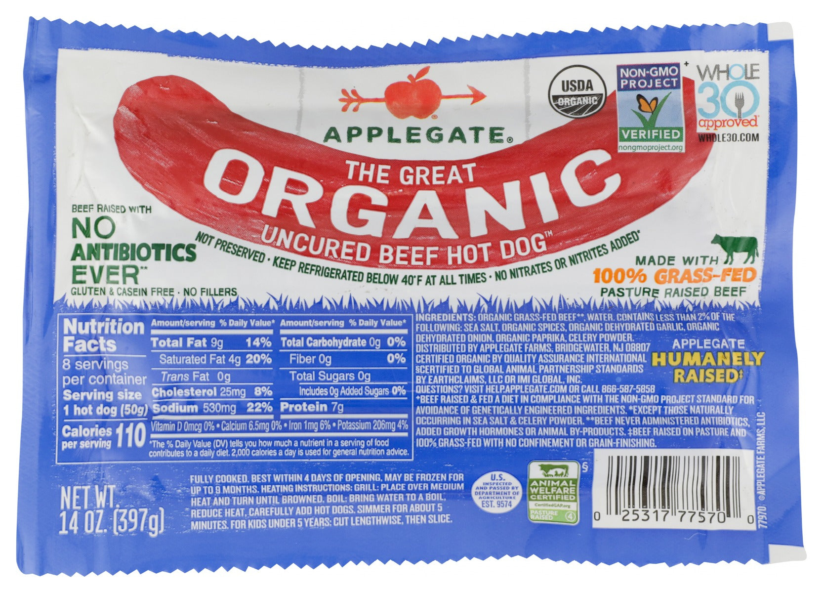 APPLEGATE: The Great Organic Uncured Beef Hot Dog, 14 oz - Vending Business Solutions