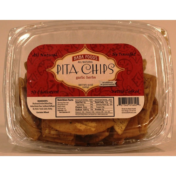 BABA FOODS: Garlic Herbs Pita Chips, 16 oz - Vending Business Solutions
